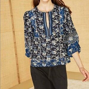 Ulla Johnson Indigo Batik Boho Tassel Puff Sleeve Cotton Blouse